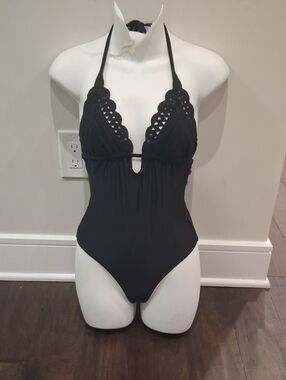 Black Crochet Halter One-Piece Swimsuit